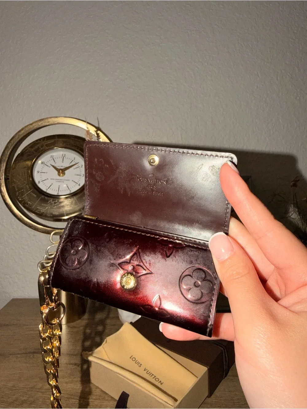 Louis Vuitton Burgundy Vernis Monogram Key Pouch with Gold Chain